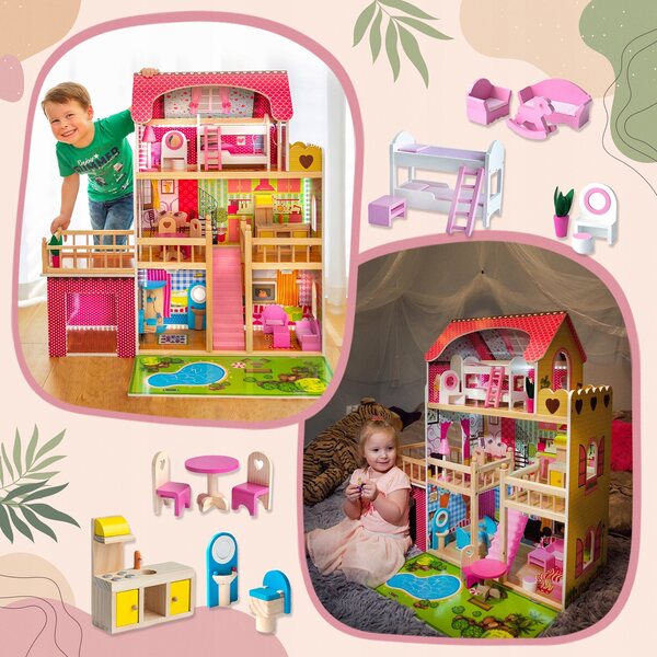 Casa delle bambole in legno Kinderplay GS0020 con illuminazione a LED e garage da 90 cm
