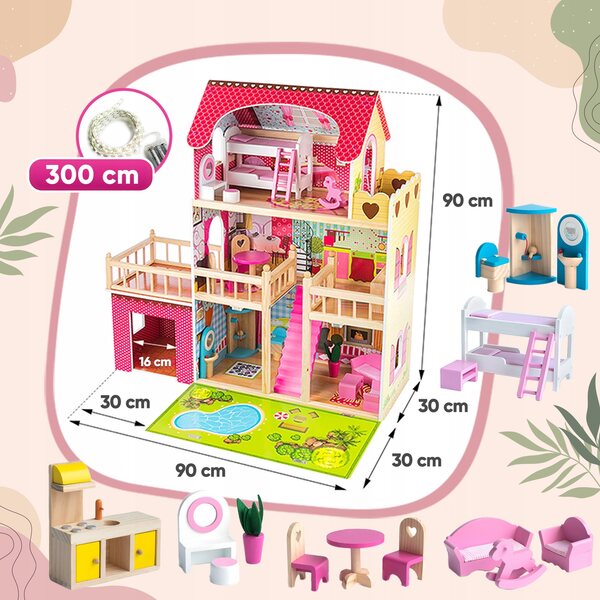 Casa delle bambole in legno Kinderplay GS0020 con illuminazione a LED e garage da 90 cm