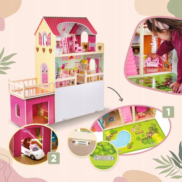 Casa delle bambole in legno Kinderplay GS0020 con illuminazione a LED e garage da 90 cm