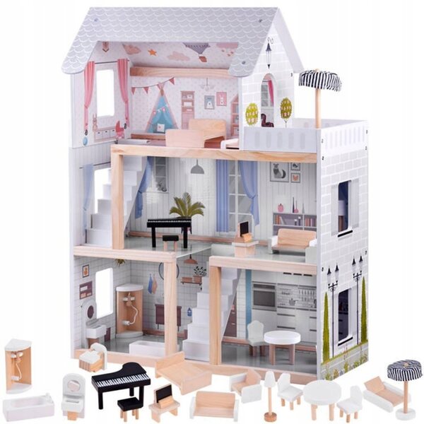 Boho-Puppenhaus aus Holz mit Möbeln und LED-Beleuchtung, 80 cm