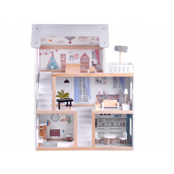 Boho-Puppenhaus aus Holz mit Möbeln und LED-Beleuchtung, 80 cm