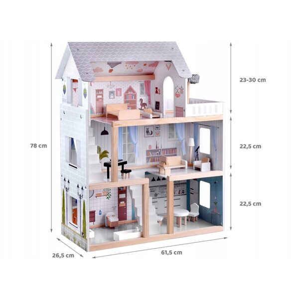 Boho-Puppenhaus aus Holz mit Möbeln und LED-Beleuchtung, 80 cm
