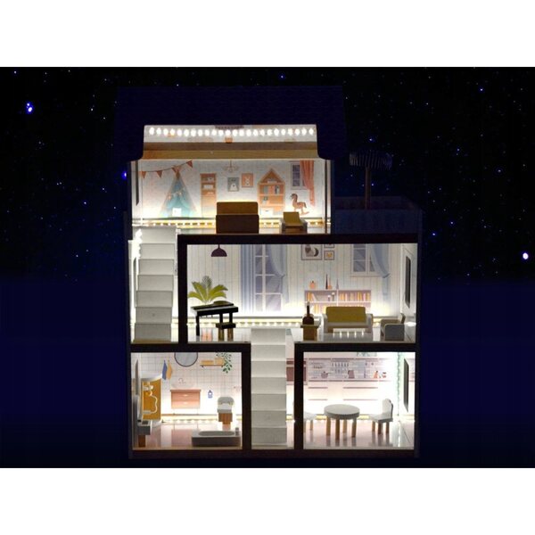 Boho-Puppenhaus aus Holz mit Möbeln und LED-Beleuchtung, 80 cm