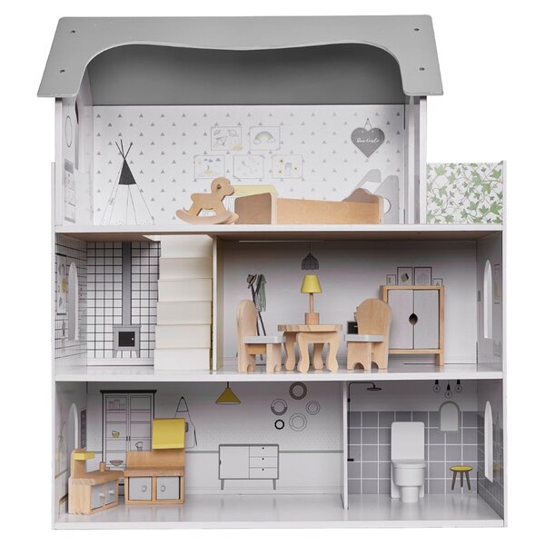 Großes Puppenhaus Ikonka aus Holz 70 cm mit grau-weißen Möbeln und Terrasse
