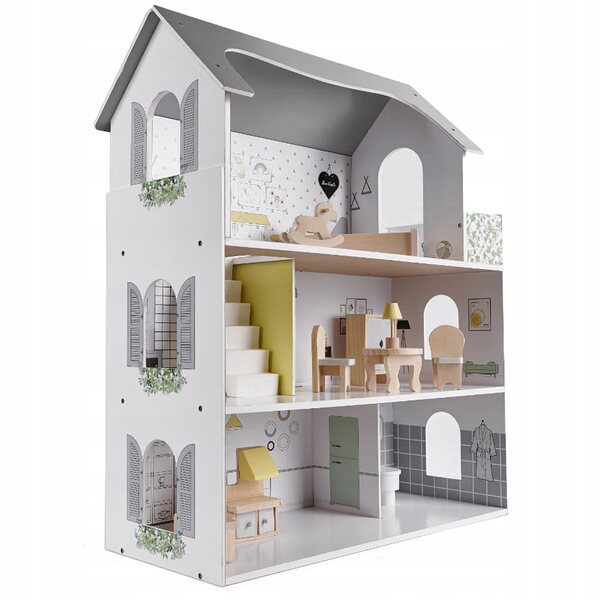 Großes Puppenhaus Ikonka aus Holz 70 cm mit grau-weißen Möbeln und Terrasse