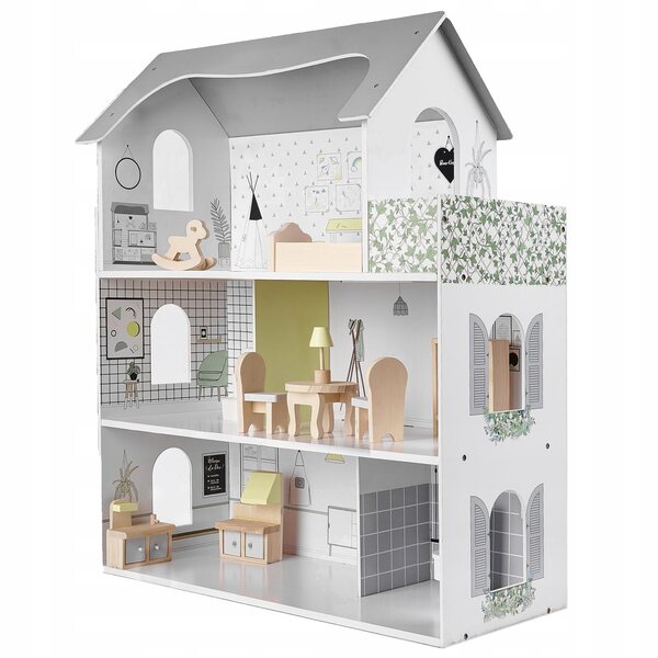 Großes Puppenhaus Ikonka aus Holz 70 cm mit grau-weißen Möbeln und Terrasse