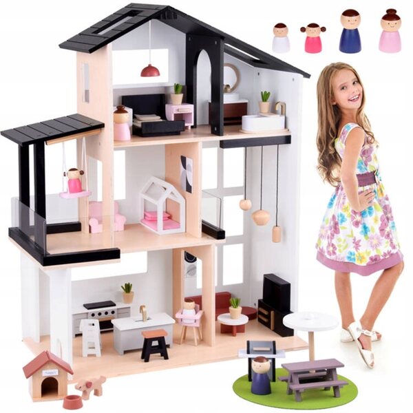 Casa delle bambole in legno Jokomisiada, 80 cm, soppalco con mobili e bambole