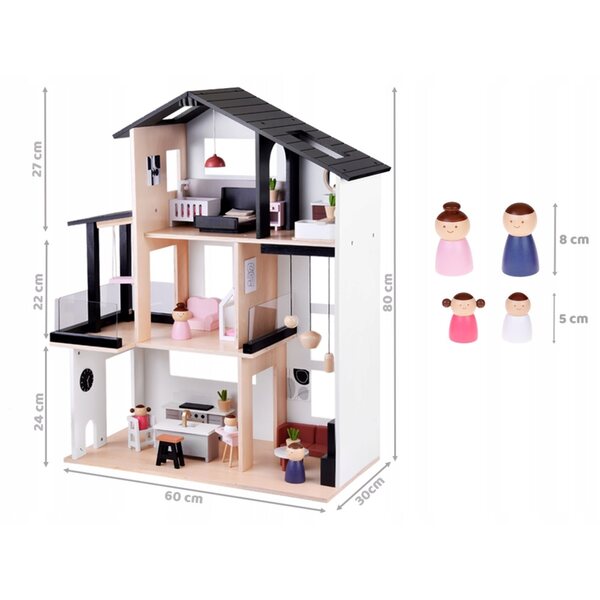 Casa delle bambole in legno Jokomisiada, 80 cm, soppalco con mobili e bambole