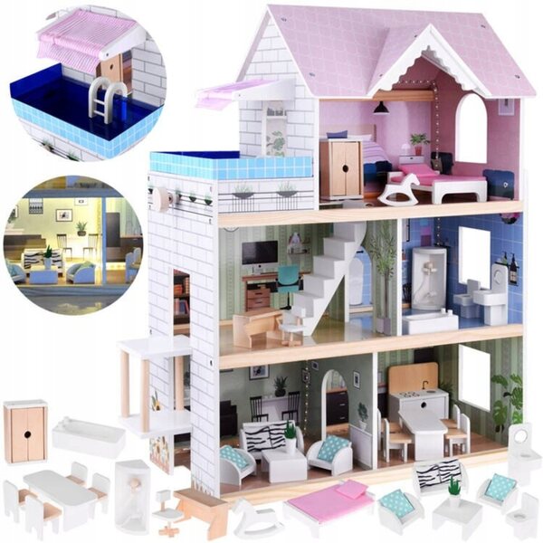Puppenhaus aus Holz mit Möbeln, Aufzug und Schwimmbad für Kinder ab 3 Jahren