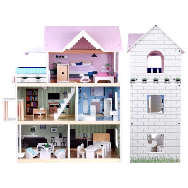 Puppenhaus aus Holz mit Möbeln, Aufzug und Schwimmbad für Kinder ab 3 Jahren