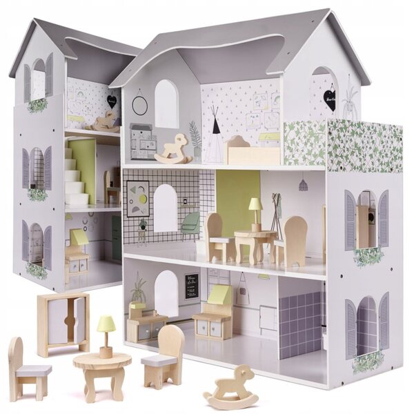 70 cm großes Puppenhaus aus Holz mit 3 Etagen und kreativen Kindermöbeln