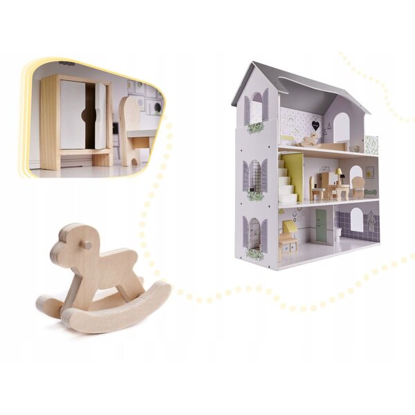 70 cm großes Puppenhaus aus Holz mit 3 Etagen und kreativen Kindermöbeln