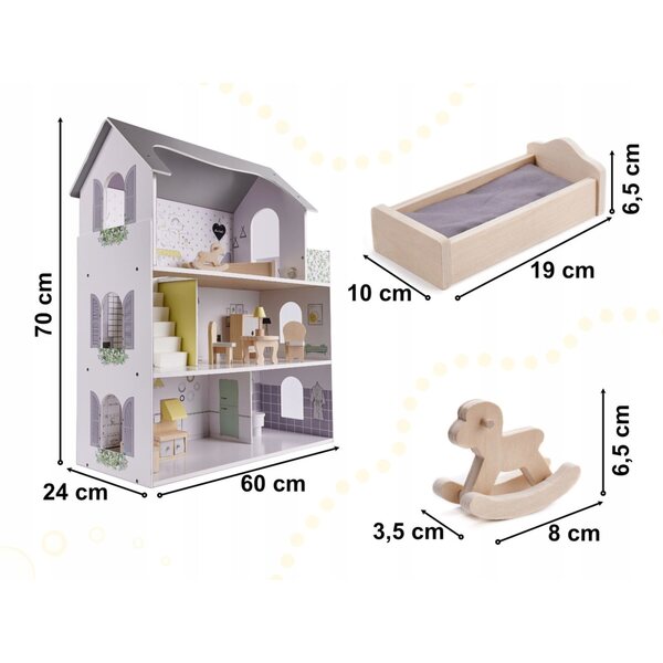 70 cm großes Puppenhaus aus Holz mit 3 Etagen und kreativen Kindermöbeln