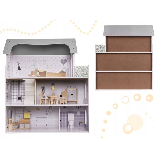 70 cm großes Puppenhaus aus Holz mit 3 Etagen und kreativen Kindermöbeln