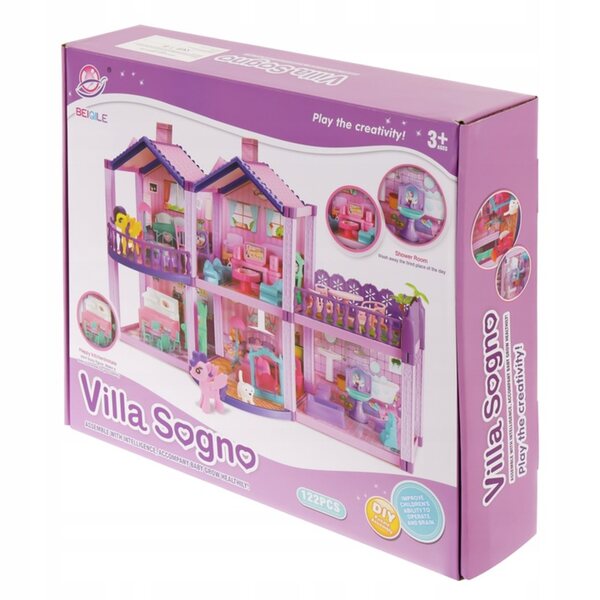Casa delle bambole XL, a 2 piani, con mobili e accessori, rosa, 60 cm