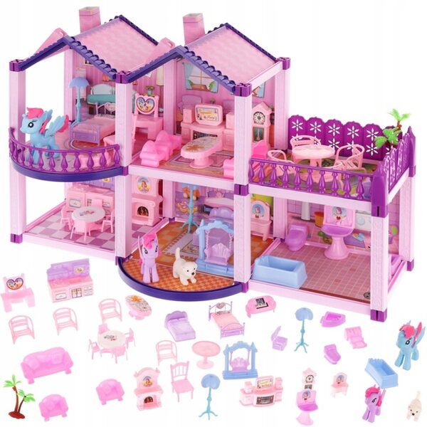 Casa delle bambole XL, a 2 piani, con mobili e accessori, rosa, 60 cm