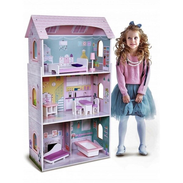 Casa delle bambole XXL Ecotoys - Casa in legno con mobili, 3 livelli, 4 stanze