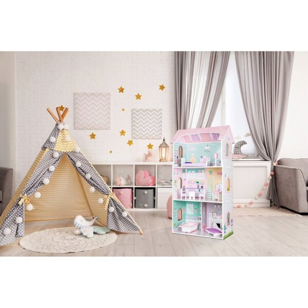 Casa delle bambole XXL Ecotoys - Casa in legno con mobili, 3 livelli, 4 stanze