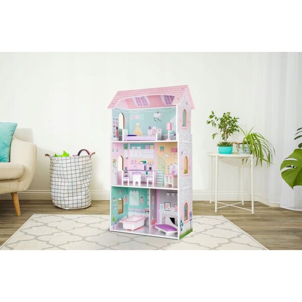Casa delle bambole XXL Ecotoys - Casa in legno con mobili, 3 livelli, 4 stanze
