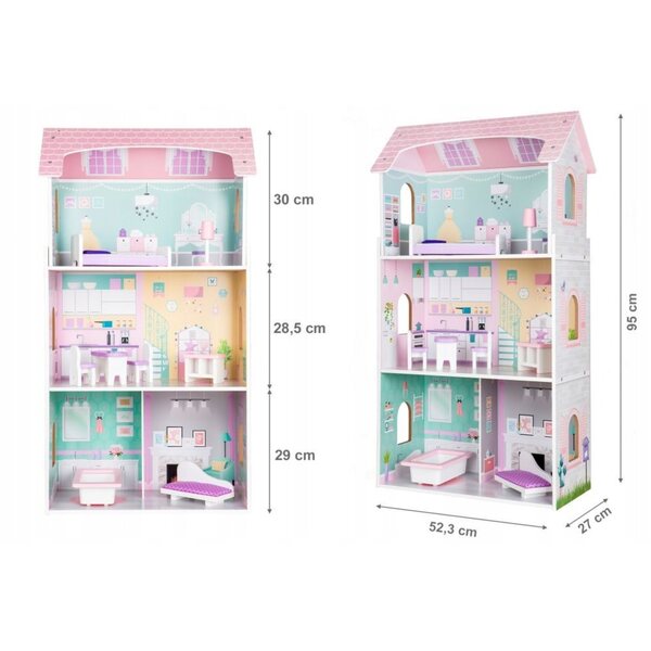 Casa delle bambole XXL Ecotoys - Casa in legno con mobili, 3 livelli, 4 stanze