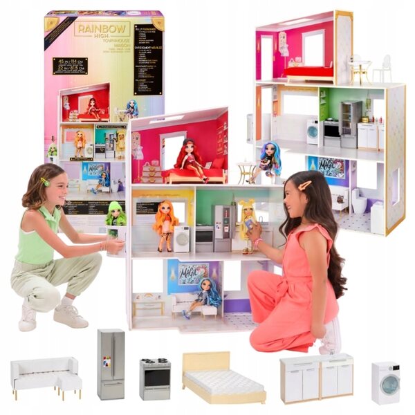 Casa delle bambole Rainbow High, in legno, a 3 piani, con accessori, 122 cm