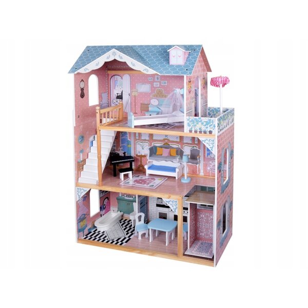 Holzpuppenhaus 121 cm mit LED-Beleuchtung und Jokomisiada-Möbeln