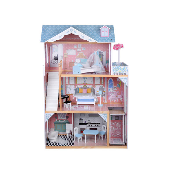 Holzpuppenhaus 121 cm mit LED-Beleuchtung und Jokomisiada-Möbeln