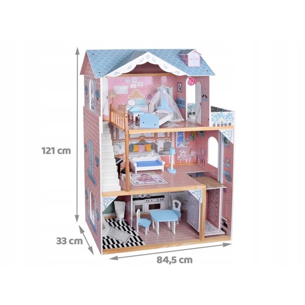 Holzpuppenhaus 121 cm mit LED-Beleuchtung und Jokomisiada-Möbeln