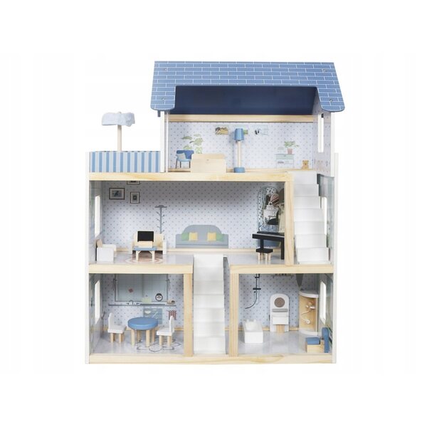 Casa delle bambole in legno Jokomisiada 3 piani con terrazza e mobili 78 cm