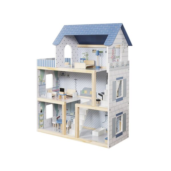 Casa delle bambole in legno Jokomisiada 3 piani con terrazza e mobili 78 cm