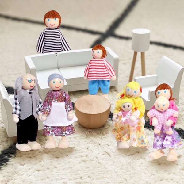 Familienset aus Holzpuppen für Puppenhaus, Lernspiel für Kinder