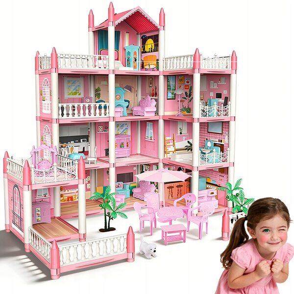 Ein Puppenhaus mit LED-Beleuchtung, Möbeln und Terrasse – eine kreative Kindervilla