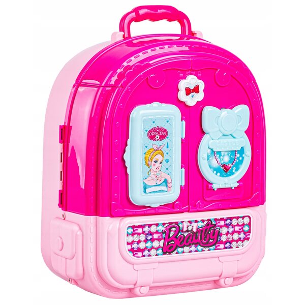 Cottage für Puppen mit Schminktisch im Koffer-Rucksack, 3-in-1-Zubehör und Schmuck