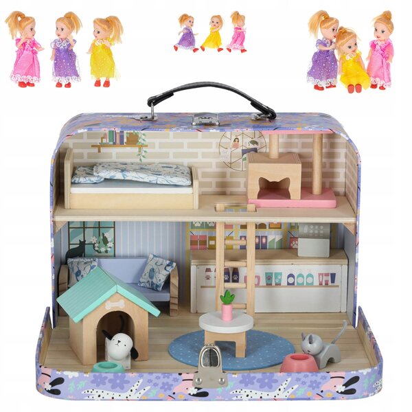 Casa per bambole in valigia KIK con mobili in legno, set 25 pezzi, 22 cm