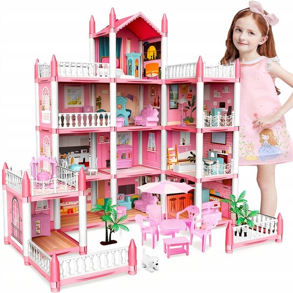 Casa delle bambole Grande villa con terrazza e mobili rosa, giocattolo per bambini 3+
