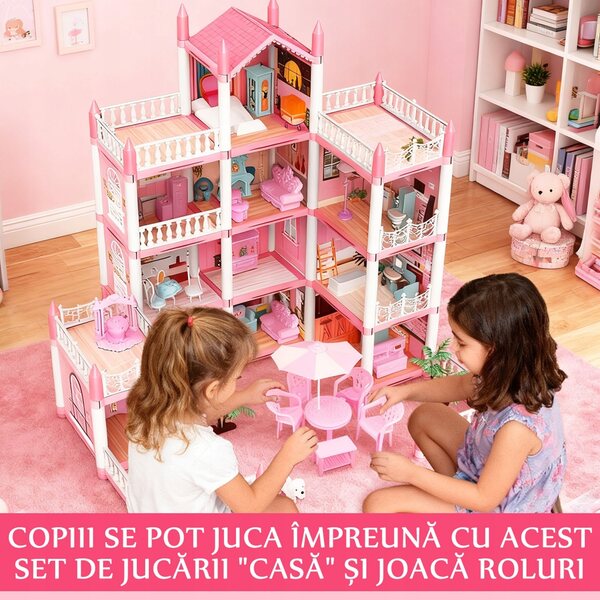 Casa delle bambole Grande villa con terrazza e mobili rosa, giocattolo per bambini 3+