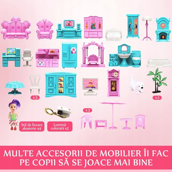 Casa delle bambole Grande villa con terrazza e mobili rosa, giocattolo per bambini 3+