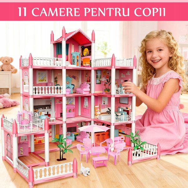 Casa delle bambole Grande villa con terrazza e mobili rosa, giocattolo per bambini 3+