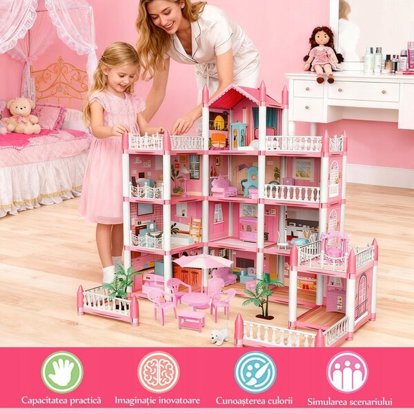 Casa delle bambole Grande villa con terrazza e mobili rosa, giocattolo per bambini 3+