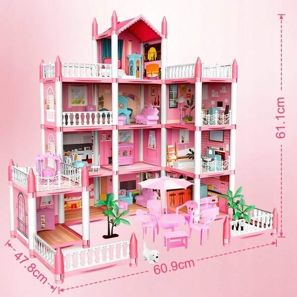 Casa delle bambole Grande villa con terrazza e mobili rosa, giocattolo per bambini 3+