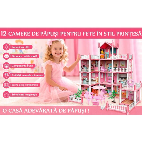 Casa delle bambole Grande villa con terrazza e mobili rosa, giocattolo per bambini 3+