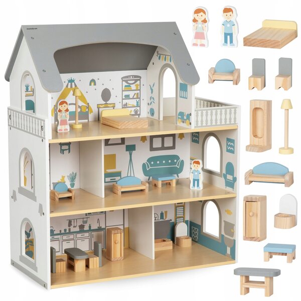 Doll House in legno bianco con terrazza e accessori Mamabrum - gioco sicuro e dettagliato