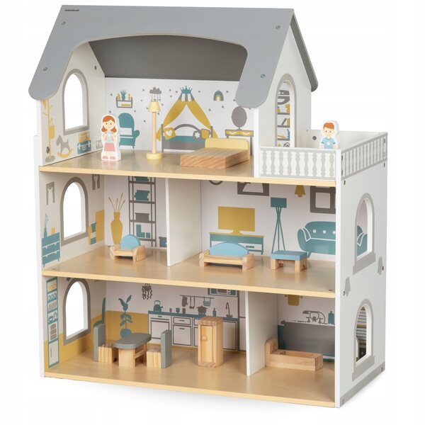 Doll House in legno bianco con terrazza e accessori Mamabrum - gioco sicuro e dettagliato