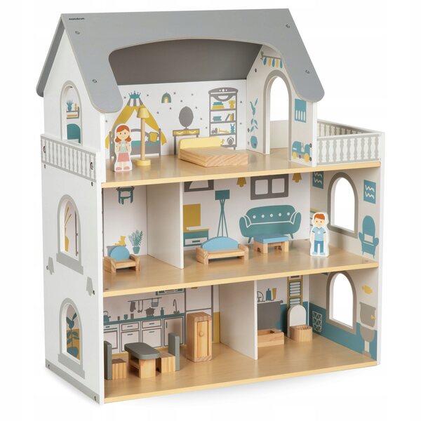 Doll House in legno bianco con terrazza e accessori Mamabrum - gioco sicuro e dettagliato