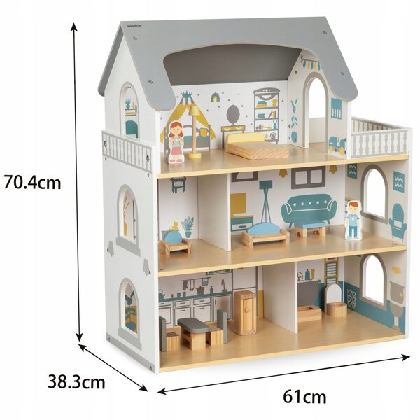 Doll House in legno bianco con terrazza e accessori Mamabrum - gioco sicuro e dettagliato
