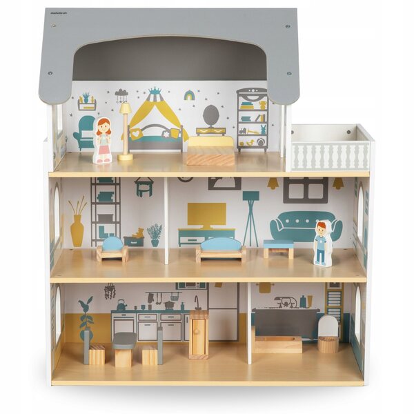 Doll House in legno bianco con terrazza e accessori Mamabrum - gioco sicuro e dettagliato