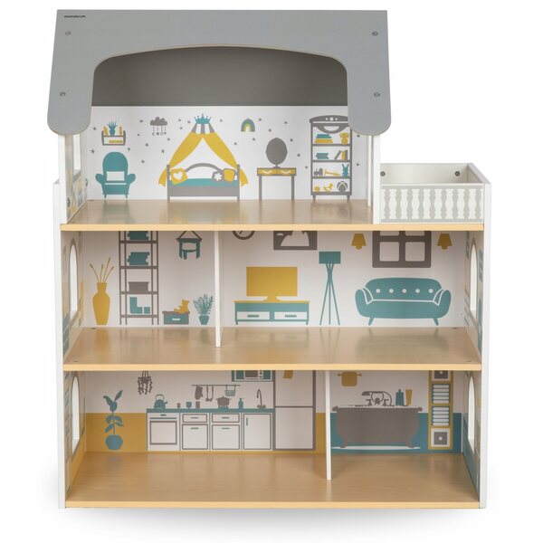 Doll House in legno bianco con terrazza e accessori Mamabrum - gioco sicuro e dettagliato