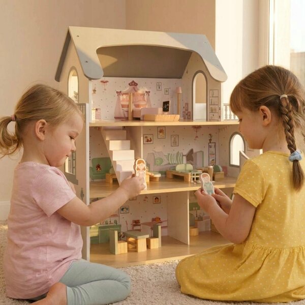3-stöckiges Puppenhaus aus Holz, schönes Haus mit LED und Möbeln, 70,5 x 63 x 27 cm