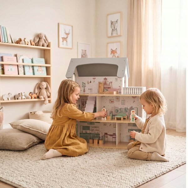 3-stöckiges Puppenhaus aus Holz, schönes Haus mit LED und Möbeln, 70,5 x 63 x 27 cm