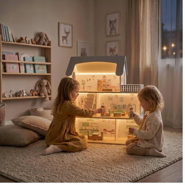 3-stöckiges Puppenhaus aus Holz, schönes Haus mit LED und Möbeln, 70,5 x 63 x 27 cm